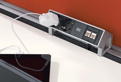 Sockets for power, telephone, internet and lighting can be integrated as well as fixing points for partition walls on a functional rail.