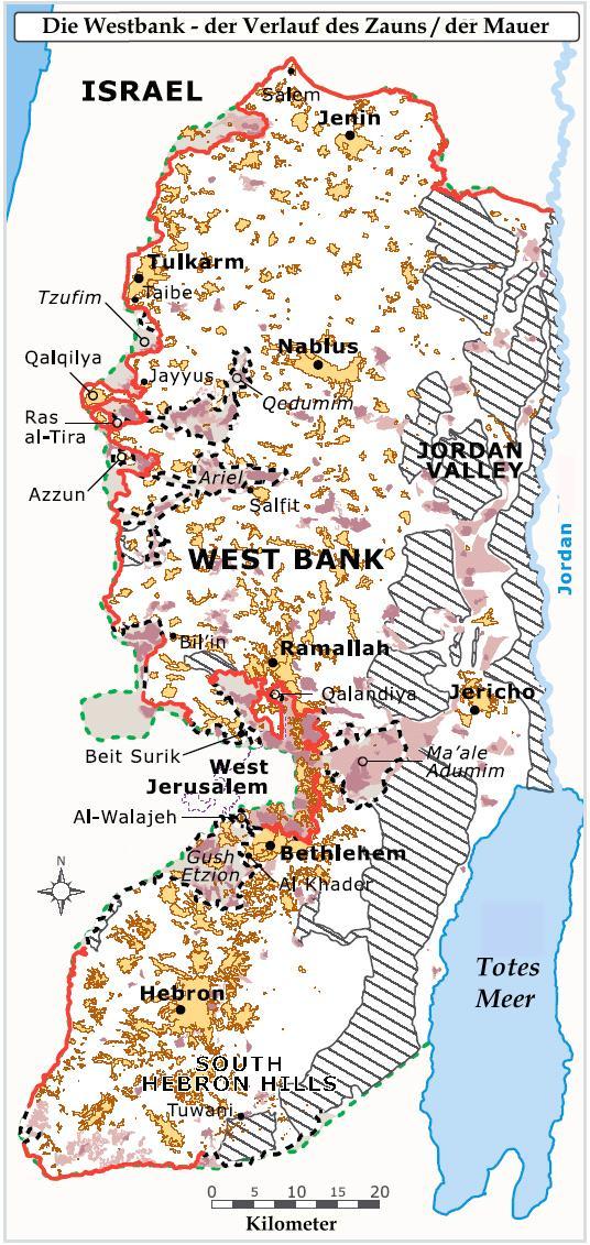 Autonomiebehörde (PA) über. Die beiden Gebiete erfassen rund 95 % der palästinensischen Bevölkerung, aber nur 40 % der Landgebiete in der Westbank.