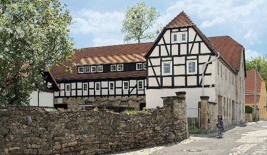 oben: Fachwerk-Wohnstallhaus und sich rechtwinklig anschließendes Seitengebäude eines Dreiseithofs mit Resten der alten Umfassungsmauer, Altlockwitz 10 Mitte oben: Drei giebelständige Bauernhäuser in