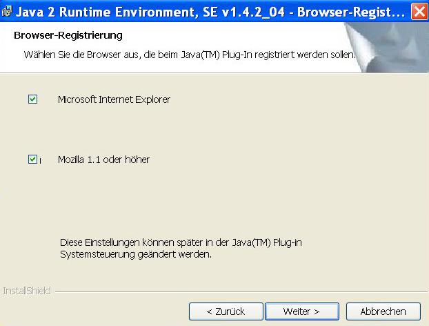 Im nächsten Fenster können Sie nun Java Runtime Environment mit ihren Browsern verknüpfen.