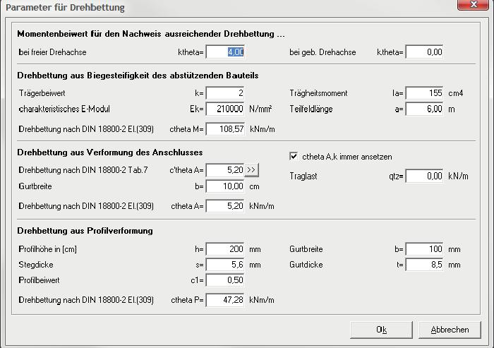 ST13 Berechnungsparameter Drehbettung Momentenbeiwert für den Nachweis ausreichender Drehbettung... bei freier Drehachse Beiwert ktheta nach DIN 18800-2 Tabelle 6, Spalte 2.