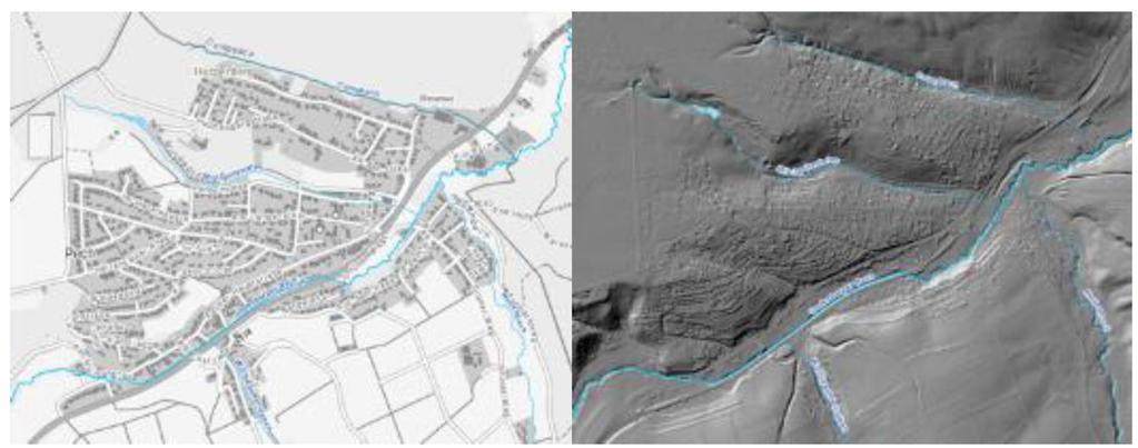 Vereinfachte Gefährdungsabschätzung Darstellung eines Ortes in Kartenansicht (links) und als Schummerung des Geländes, um visuell Fließwege erkennen zu können (rechts).