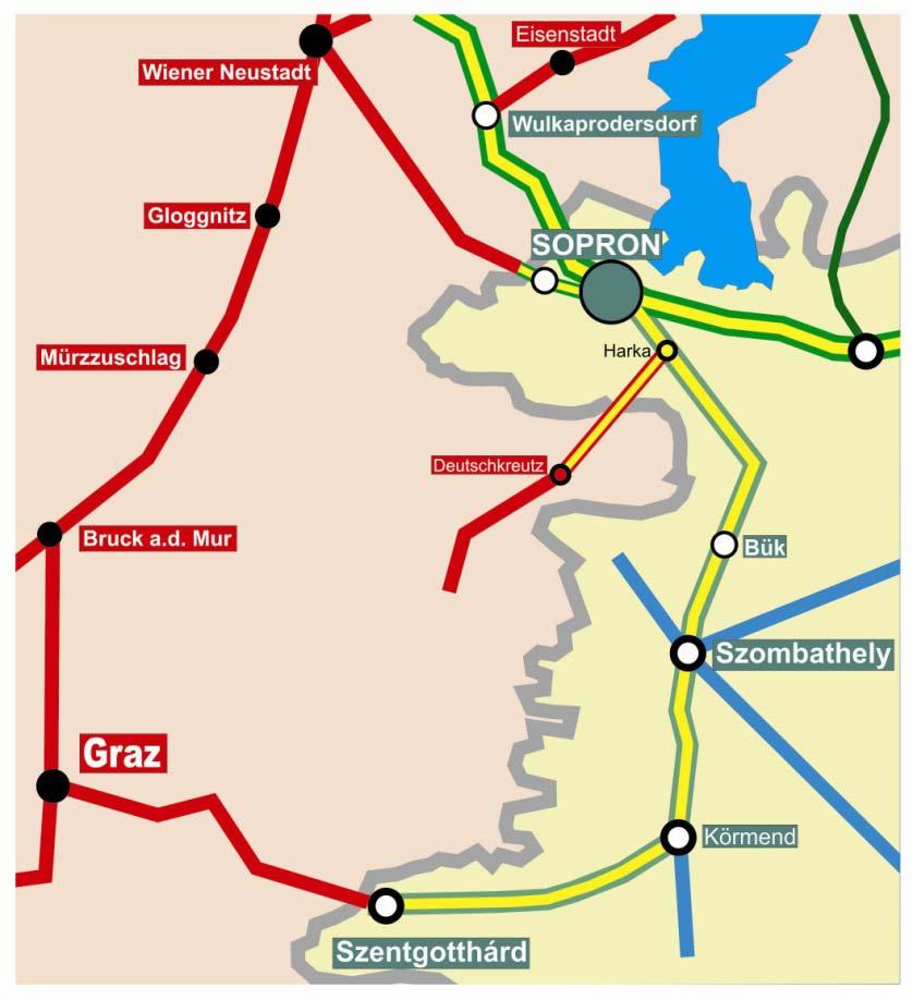 Teilprojekte der neuen Verkehrsachse Sopron - Szentgotthárd Sopron-Szombathely: 2001: Übernahme zur Betriebsführung durch die Raaberbahn 2002: Elektrifizierung und teilweise Streckenerneuerung 2006: