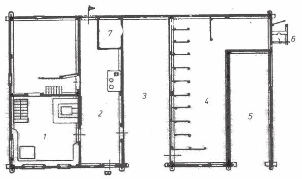 7: Der Grundriss eines Altoberschwäbischen Bauernhauses, wie er sich bis in unsere Zeit erhalten hat; in der Abfolge von links nach rechts: 1: Das Wohngefach mit der rauchfreien Stube und dem