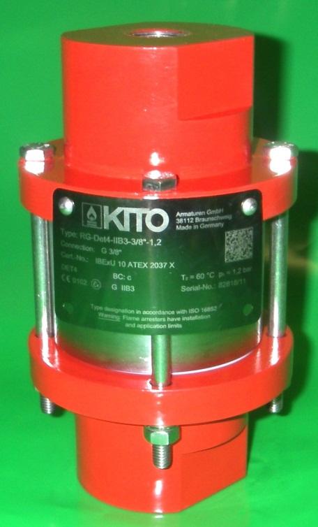 Bi-direktionale Detonationsrohrsicherung KITO RG-Det4-IIB3- -1,2 KITO RG-Det4-IIB3- -1,2-T (-TT) G D L ~ kg ⅛ ¼ ⅜ ½ ¾ 1 1 ¼ 90 152 4,0 1 ½ 2 120 162 6,5 Maßangaen in mm Baumusterprüfung nach DIN EN