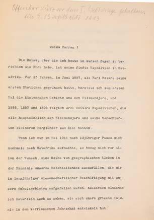 ORIGINAL-TYPOSKRIPT VON HANS MEYER: VORTRAG OSTAFRIKAREISE 1911 Ein von Hans Meyer handschriftlich mit Blaustift auf dem Deckel mit Vortrag