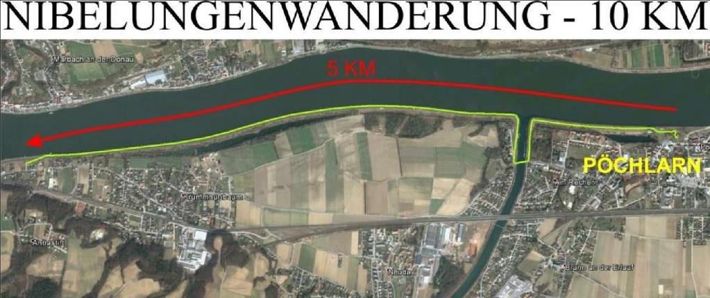 6.3. Náčrt tratě : vede od Nibelungen památníku ve vsi PÖCHLARN západním směrem, podél Dunaje až do přístavu a spět. Trasa pochodu je cca 10 km. 6.4.