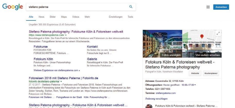 46 KNOW-HOW Bei der Firmen-Suche im Desktop-Browser bleibt Google dezent und zeigt den GMB-Eintrag von Stefano Paterna in der rechten Randspalte der Ergebnisseite. ihre Richtigkeit geprüft werden.