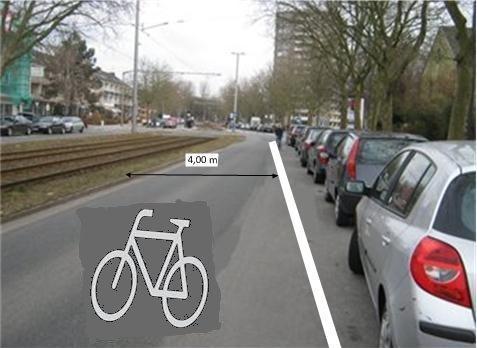 Variante 4 Fahrradstraße Ausweisung der Straße als Fahrradstraße die Fahrbahnbreite beträgt überwiegend 4 m ein 2,50 m breiter Parkstreifen am Fahrbahnrand wird mit Markierung von der Fahrbahn