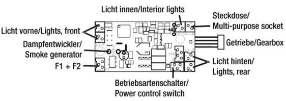 3.2. Anschluss Lampen/Getriebe und Funktionsausgänge 3.3 Betriebsartenschalter Anschluss Die Mini CT Buchse des Schalteranschluss, ist auf der Platinenunterseite mittels Lötbrücke überbrückt.