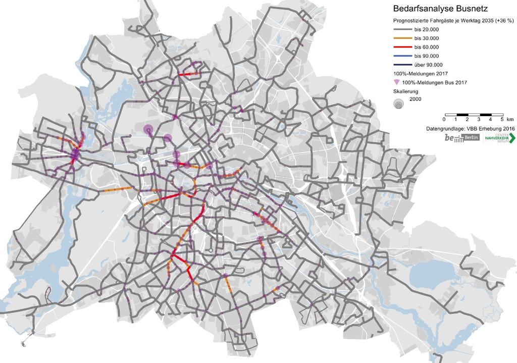 Abbildung 54: Nachfrageprognose im Busnetz in Abgleich mit den Systemgrenzen In Anbetracht der prognostizierten Nachfrage einerseits und der schnelleren Realisierbarkeit von Straßenbahnstrecken