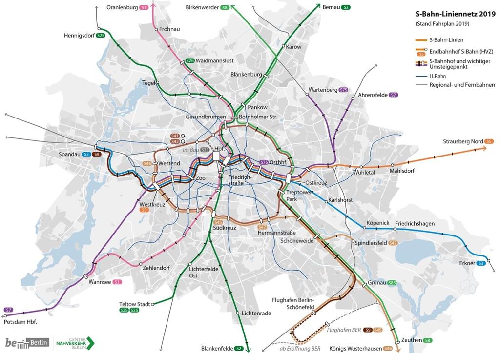 V.3 S-Bahn-Verkehr (SPNV) V.3.1 Angebotskonzeption 2019 Das Linien- und Bedienkonzept entsprechend dem bestellten Regelfahrplan ab Dezember 2018 ist in Abbildung 72 und in der Anlage 8 dargestellt.