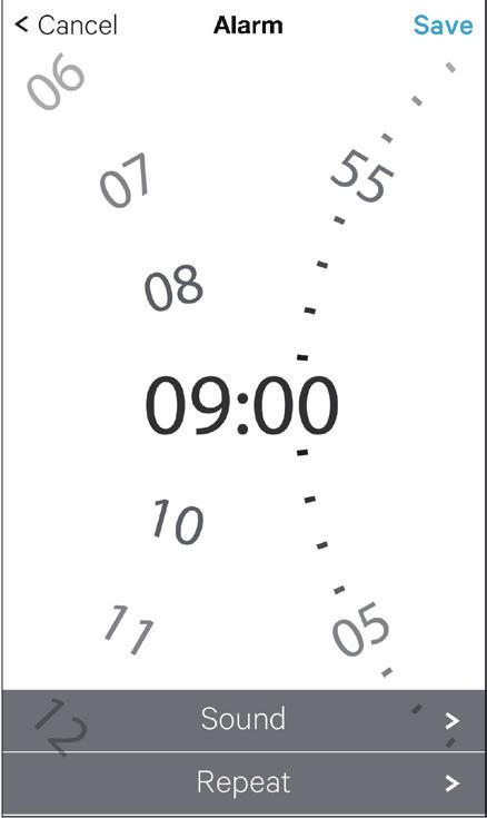 Verwendung von Funktionen der zugehörigen App (Fortsetzung) Einstellen des Alarms Durch Tippen auf das Symbol [Alarm] auf dem Startbildschirm wechseln Sie zum Bildschirm [Alarm].