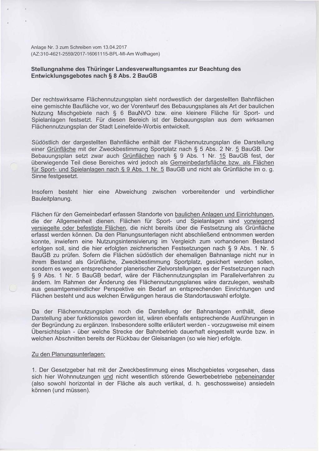 Anlage Nr. 3 zum Schreiben vom 13.04.2017 (AZ:31 0-4621-2559/2017-160611 15-BPL-M I-Am Wolfhagen) Stellungnahme des Thüringer Landesverwaltungsamtes zur Beachtung des Entwicklungsgebotes nach 8 Abs.