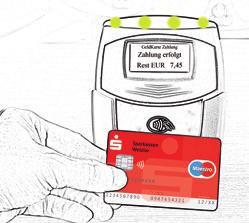 Einkauf kontaktlos bezahlen. Dafür müssen Sie Ihre Sparkassen-Card (Debitkarte) nur kurz an das Terminal halten.