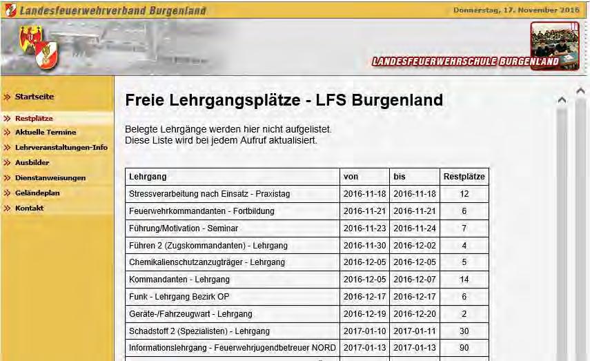 Lehrgangsprogramm 2o18 der Landesfeuerwehrschule Burgenland Restplatz-Liste