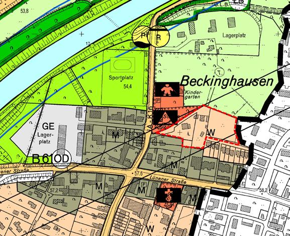 Teilbereich B Änderungsbereich C Beckinghausen Er liegt in der Gemarkung Beckinghausen, Flur 4 und 5 und wird begrenzt im Norden von der derzeitigen Darstellungsgrenze Wohnbaufläche, im Westen von