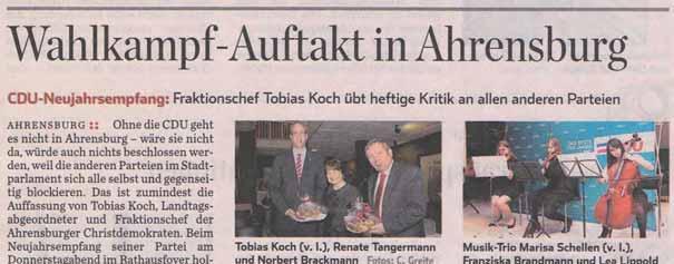 Tobias Koch, der Landtagsabgeordnete in Kiel und Fraktionsvorsitzende in Ahrensburg, widmete sich hauptsächlich der Ahrensburger Politik.