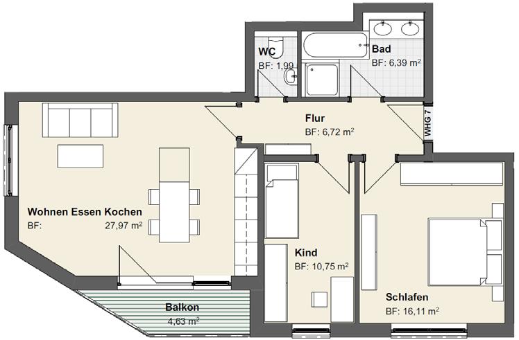 WC 1,99 m² Terrasse 4,63 m² Summe 74,56 m²