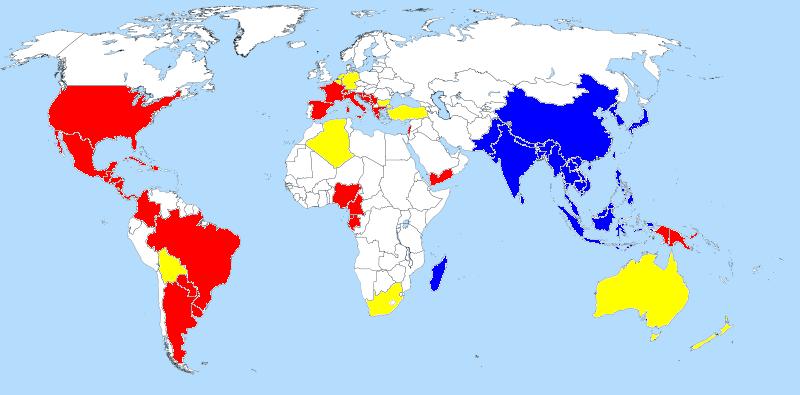 Dynamische Verbreitung von Aedes albopictus in der Welt: noch kein Ende abzusehen Blau: