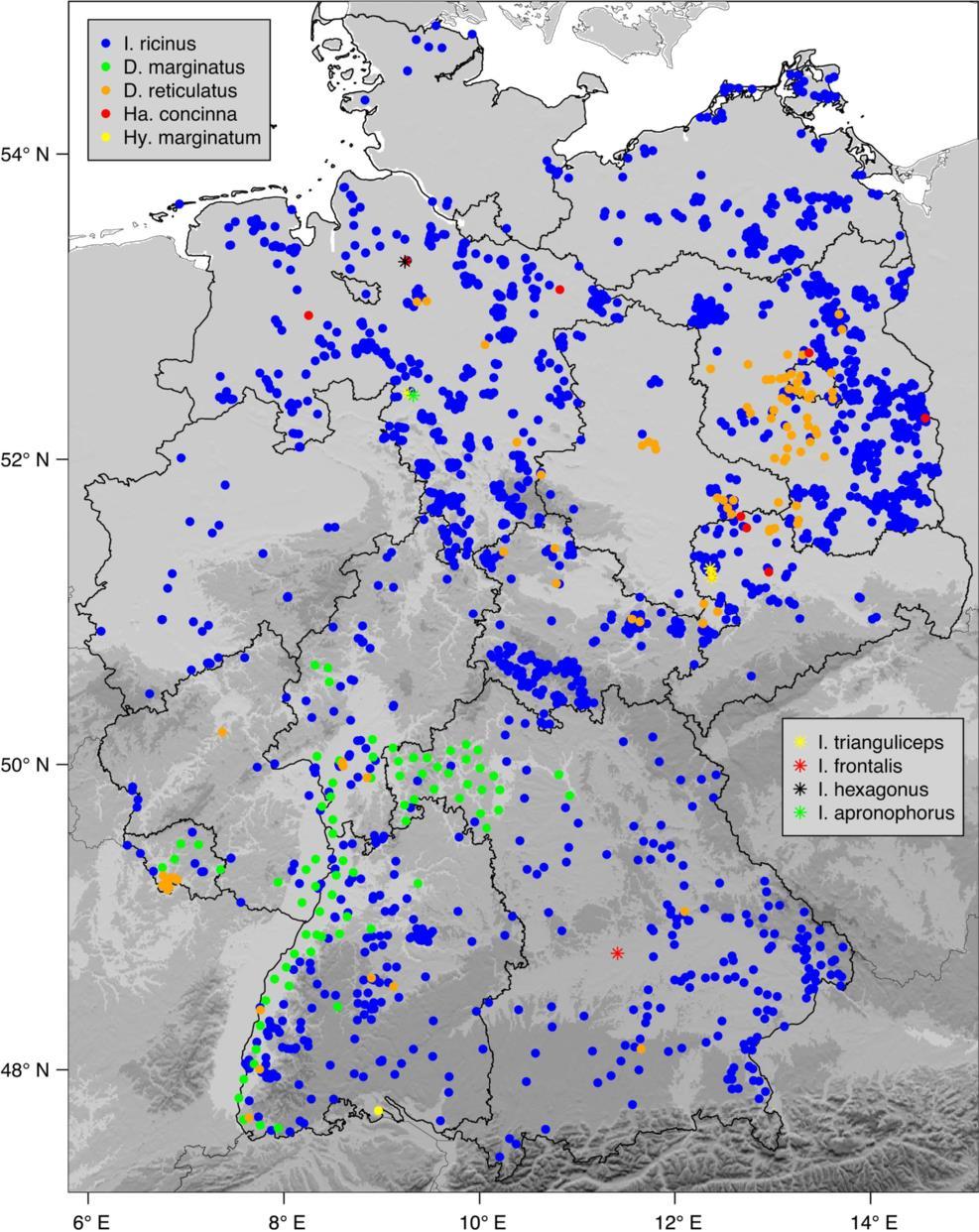 Zeckenatlas in Deutschland Aktuelle Karte zu georeferenzierten Zeckenspezies in D: Rubel et
