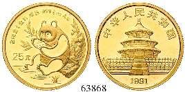 350,- 25 Yuan 1991. 1/4 Unze. Gold. 7,77 g fein. Friedb.