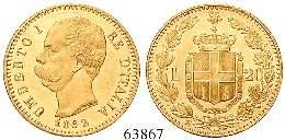 , ss-vz 230,- 20 Lire 1882, R. Gold. 5,81 g fein.