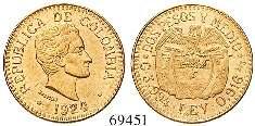 feine Kratzer; kl. Flecke, PP 190,- 5 Pesos 1929. Bolivar, kleiner Kopf. Gold.