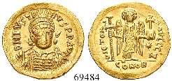 Sear 56; MIB 3. herrliche Engelsdarstellung. Graffito auf Rs., ss+/vz+ 480,- Justinian I., 527-565 Solidus 545-565, Constantinopel.