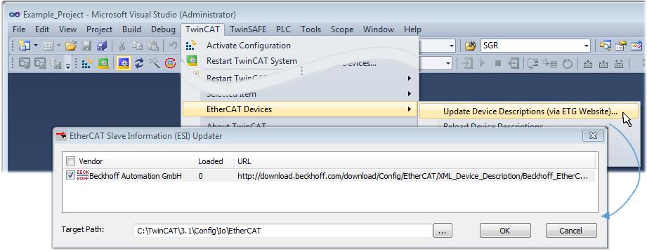 5.4.3 TwinCAT ESI Updater Ab TwinCAT 2.11 kann der Systemmanager bei Onlinezugang selbst nach aktuellen Beckhoff ESI-Dateien suchen: Abb. 126: Anwendung des ESI Updater (>=TwinCAT 2.
