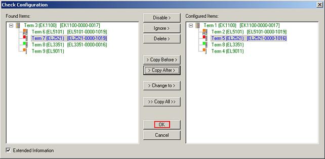 Beispiel: In der Konfiguration wird eine EL2521-0025-1018 vorgesehen, dann kann real eine EL2521-0025-1018 oder höher (-1019, -1020) eingesetzt werden. Abb.