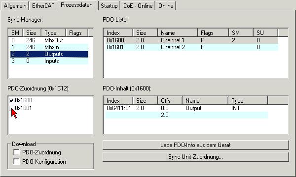 Abb. 205: Eingangskanal ein- und ausschalten Beispiel 2 Auf dem Karteireiter Prozessdaten der EL4101 können Sie unter PDO-Zuordnung mit Hilfe des Kontrollkästchens (siehe roter Pfeil) den zweiten