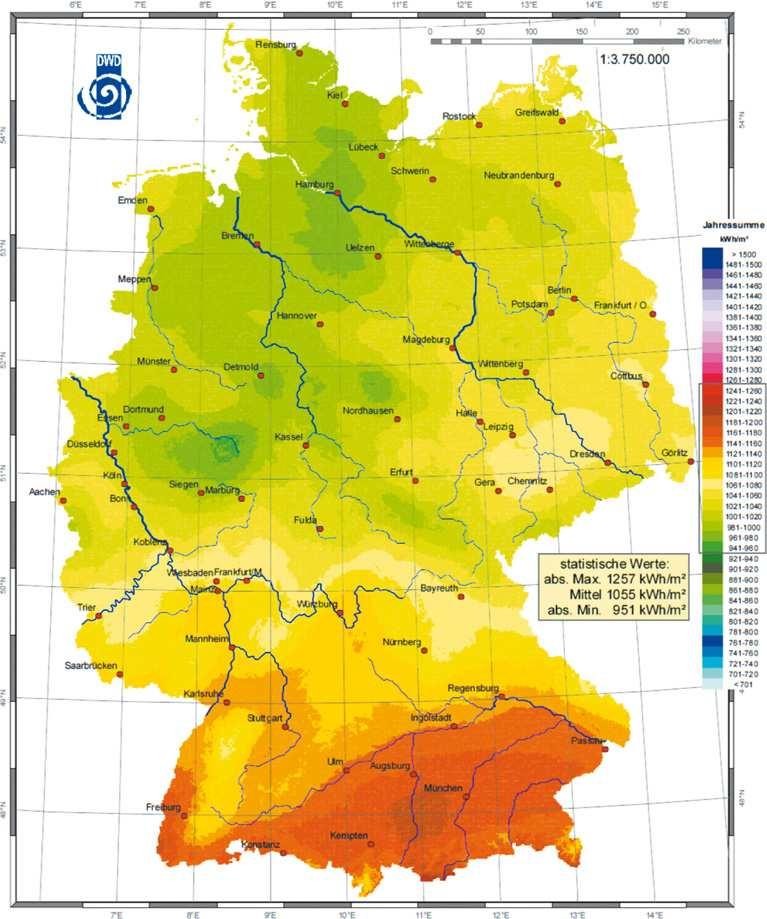 48 2 Strahlungsangebot der Sonne Bild 2.7 Globalstrahlungssummen in Deutschland [DWD] 2.3 