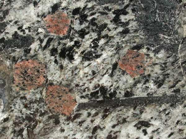 ausgebildeten Mineralen, u.a. grobkristalline Hornblende-Granat-Schiefer mit