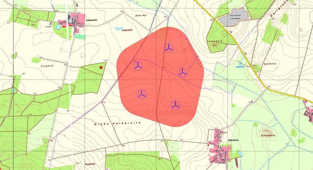 Beispiel Konfiguration Lösung Festlegung einer roten Zone mit 300m um die äußeren WEA Standorte Sollte der