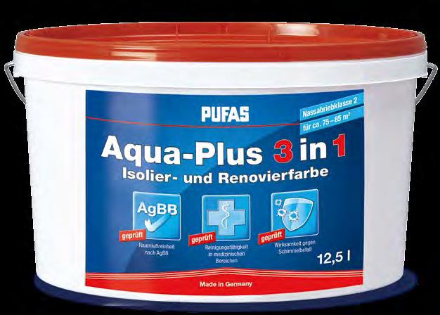 Aqua-Plus 3 in 1 Geprüfte Qualität Isolier- und Renovierfarbe Raumluftreinheit nach AgBB Weiße Isolier- und Renovierfarbe auf Wasserbasis für Wand- und Deckenflächen im Innenbereich.