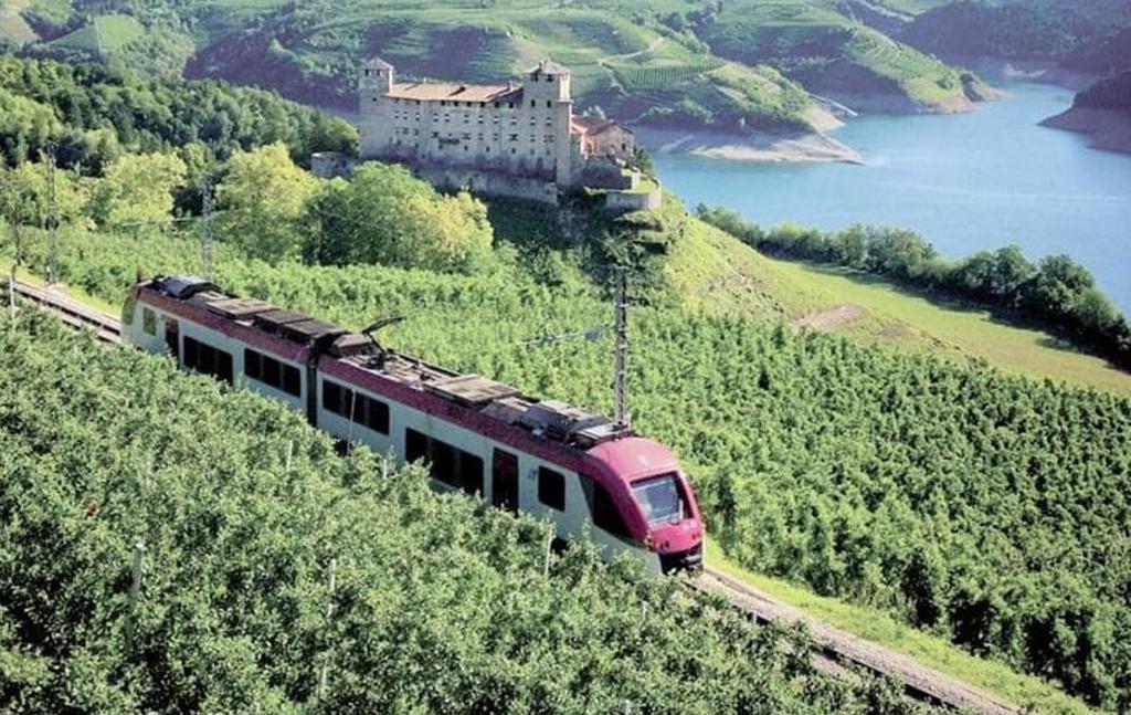 Hier erwartet uns der Schmalspurzug der Nonstalbahn zur Fahrt nach Malè. Die Strecke führt Trento (192 m) durch die Ebene des Flusses Adige (Etsch).