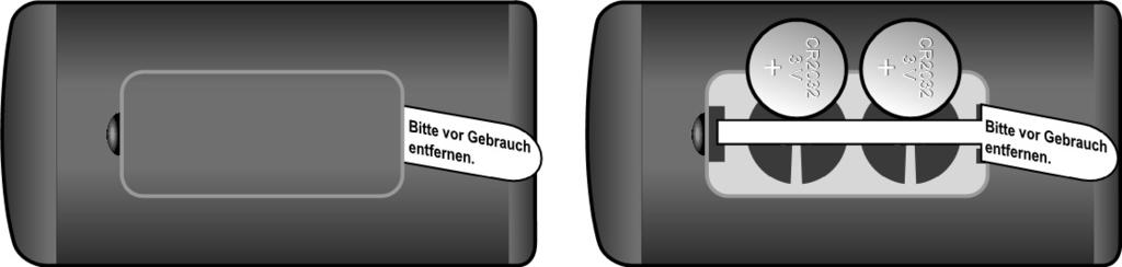 Batterien Zwei Lithiumbatterien CR2032 sind bei der Auslieferung eingelegt. Vor dem Erstbetrieb Vor dem ersten Gebrauch müssen Sie die Plastikisolation aus dem Batteriefach entfernen.