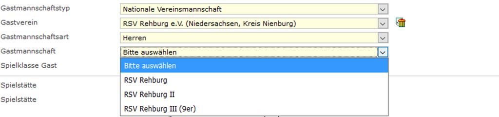 Bei einer Suche über den Ortsnamen werden in einer Listbox alle Vereine zur Auswahl angeboten, die dem Suchkriterium entsprechen. Es wird z.b. der Verein RSV Rehburg e.v.