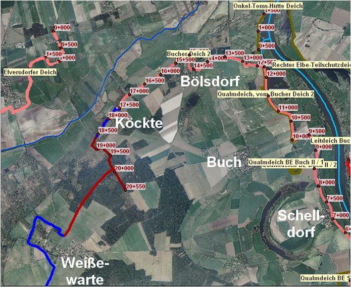 Deiche im Flussbereich Osterburg Bucher Deich D-km 0,0-17,5 saniert von 2002-2015 D-km 17,5-18,5 OL Köckte