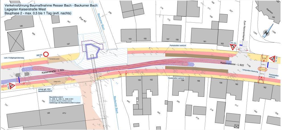 Bauzeitliche Verkehrsführung Kaiserstraße West Backumer Bach Durchführung in mehreren Bauphasen mit wechselnder Verkehrsführung Verkehr wird dauerhaft aufrecht erhalten Gewerbliche Zufahrten (ARAL &