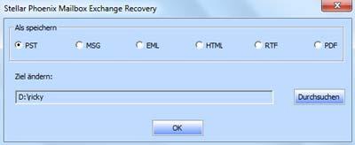 Gescannte Datei Speichern Stellar Phoenix Mailbox Exchange Recovery erlaubt Ihnen die zu speich wiederhergestellten Dateien in verschiedenen Formaten wie PST, MSG, EML, HTML, RTF und PDF.