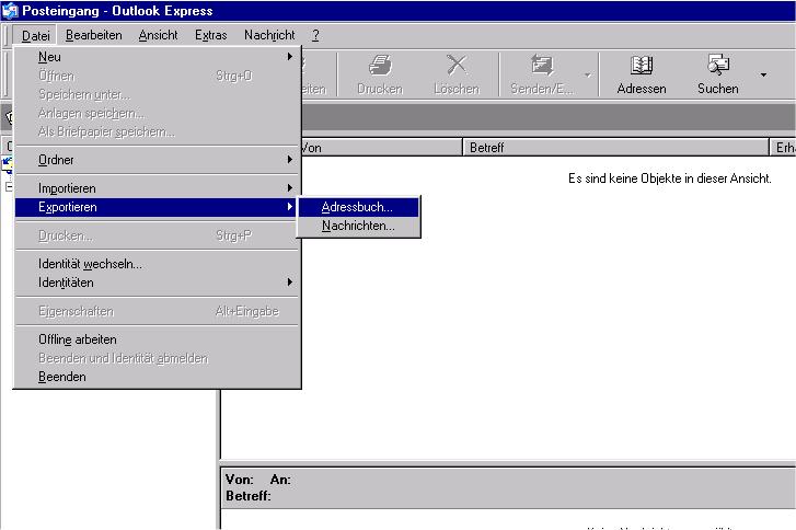 3.2 MS Outlook Express 6 3.2.1 Schritt 1 Klicken Sie auf Datei - Exportieren - Adressbuch.