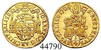 Ovales Wappen unter Kardinalshut / St. Rudbertus mit Krummstab und Salzfass von vorn. Gold. Friedb.817; Probszt 1648. vz 470,- Johann Ernst von Thun und Hohenstein, 1687-1709 1/4 Dukat 1688. 0,88 g.