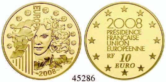 im Originaletui, PP 290,- 10 Euro 2008. EU-Ratspräsidentschaft. Gold. 7,77 g fein.
