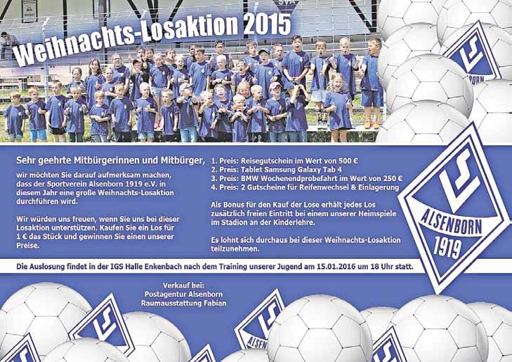 Enkenbach-Alsenborn - 21 - Ausgabe 49/2015 SV Alsenborn Abteilung Fußball SV Alsenborn - FV Rockenhausen 1:2 Im letzten Spiel des Jahres gegen den Sechsten der Tabelle musste die Mannschaft auf