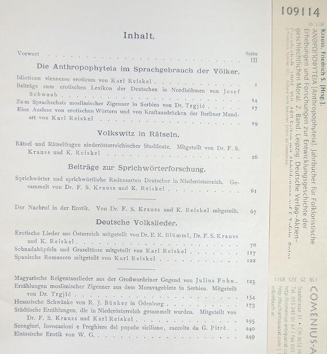Grossoktav. CHF 20 / EUR 13.20 Mit einem Vorwort von Jörg Fengler. 109117 Krauss, Friedrich S. [Hrsg.], Anthropophyteia.