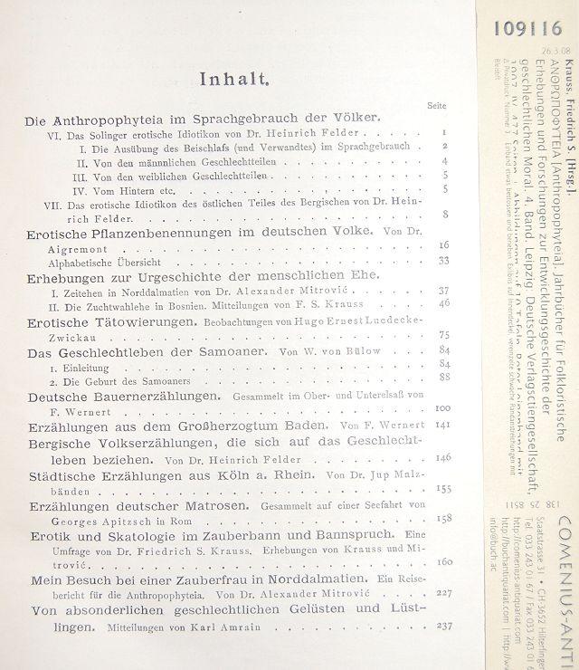 539 Seiten mit (wenigen) Abbildungen. Halbleinen. 4to. CHF 100 / EUR 66 Einband berieben, Exlibris auf Innendeckel. 109114 Krauss, Friedrich S. [Hrsg.],!"#$%&'()*+,! [Anthropophyteia].