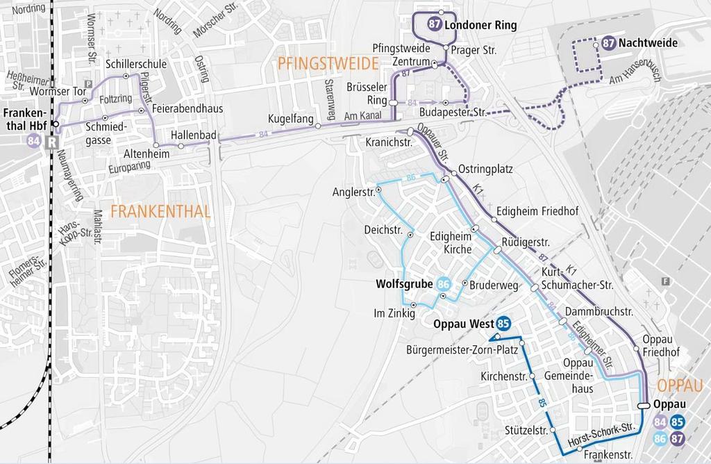 Taktverdichtung der Buslinie zwischen Oppau und Frankenthal, um für die Bewohner der nördlichen Stadtteile einen kurzen Zugang zum Frankenthaler Bahnhof zu erreichen, von wo aus mit S-Bahnen, RE oder