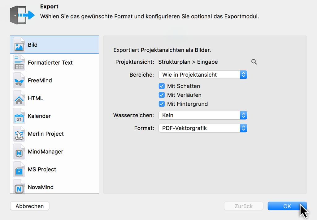 Im Fenster Export wählen Sie ein Format für die Veröffentlichung aus und konfigurieren es wie gewünscht.